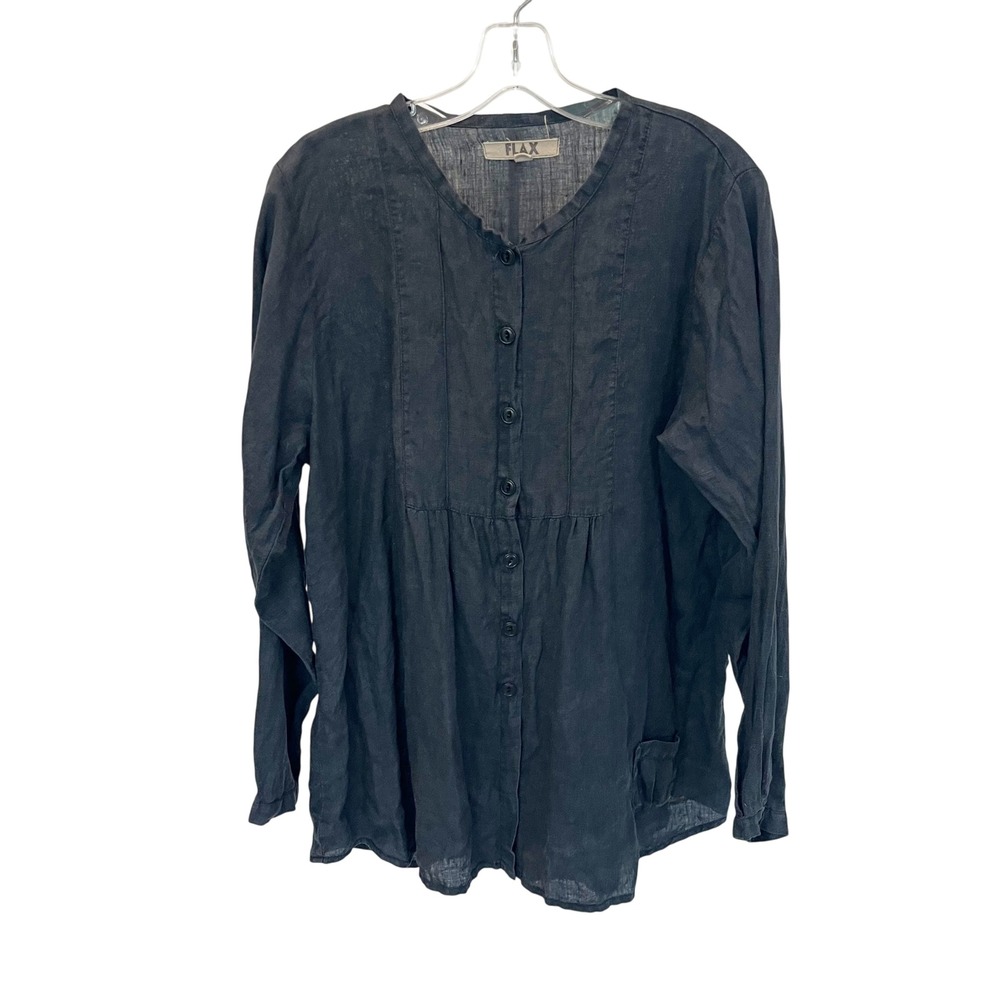 FLAX Women Black Linen Button Down Tunic Long Sleeve Lagenlook Artsy Top - SMALL